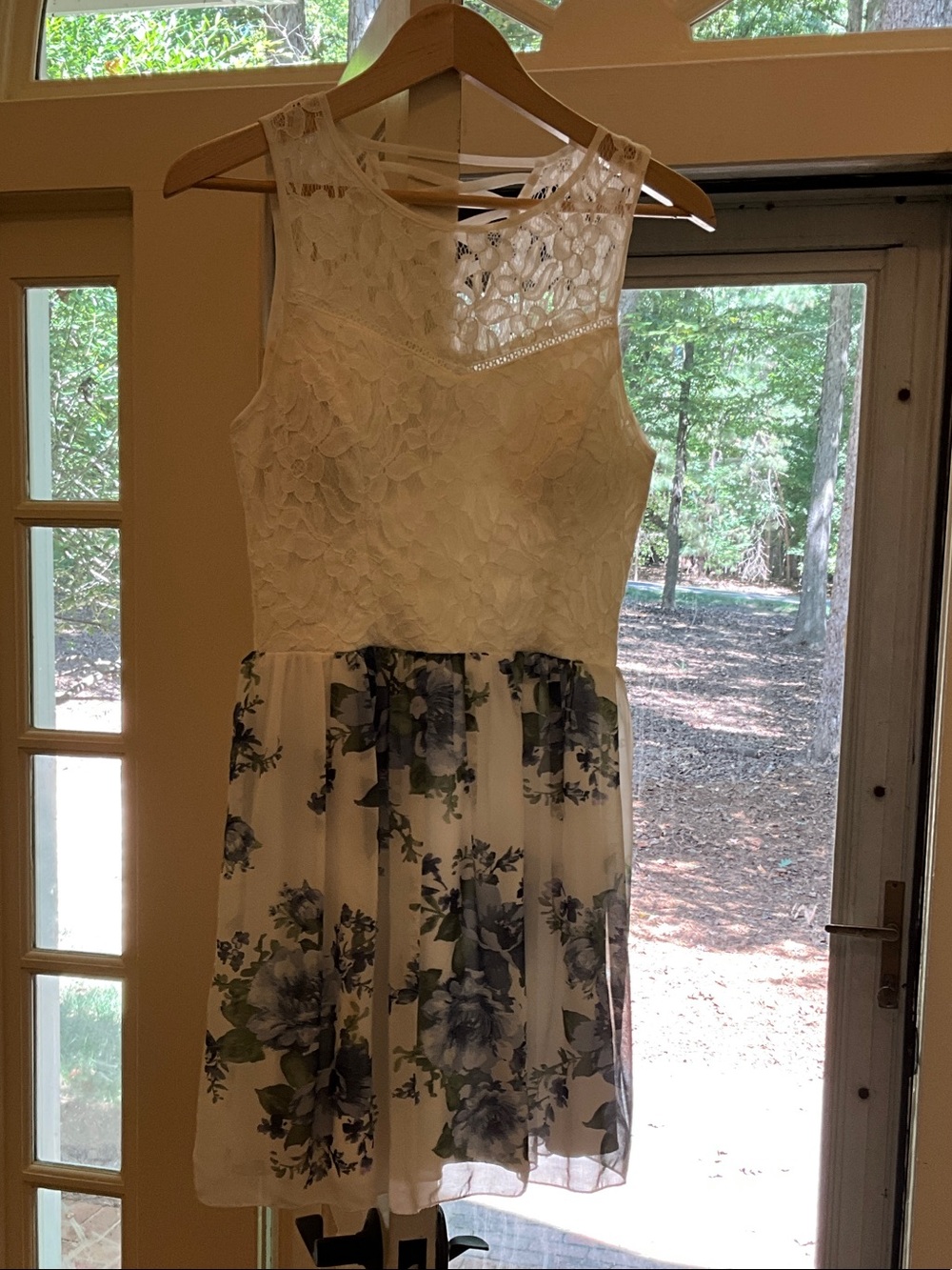 Speechless White Lace Top Floral Skater Dress with Blue-Green Print